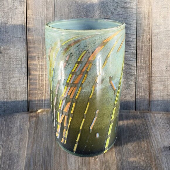Vintage 1977 Hand Blown Art Glass Cylinder Vase Vessel Spoon Rest Artist Signed - Picture 2 of 15